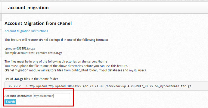 cPanel Migration Screen