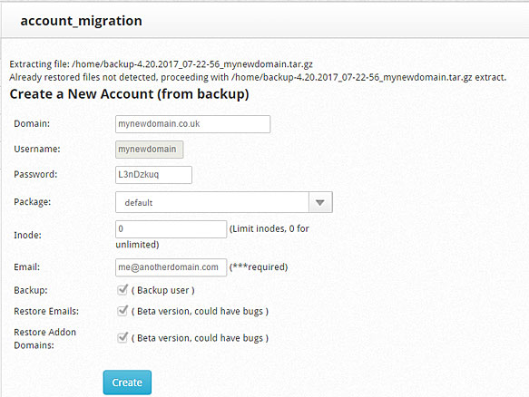 cPanel Migration Screen